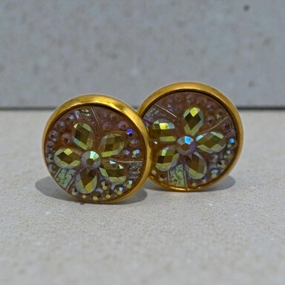 Gold Floral Stud Earrings – Iridescent Crystal Flower Round Posts - Picture 2 of 5